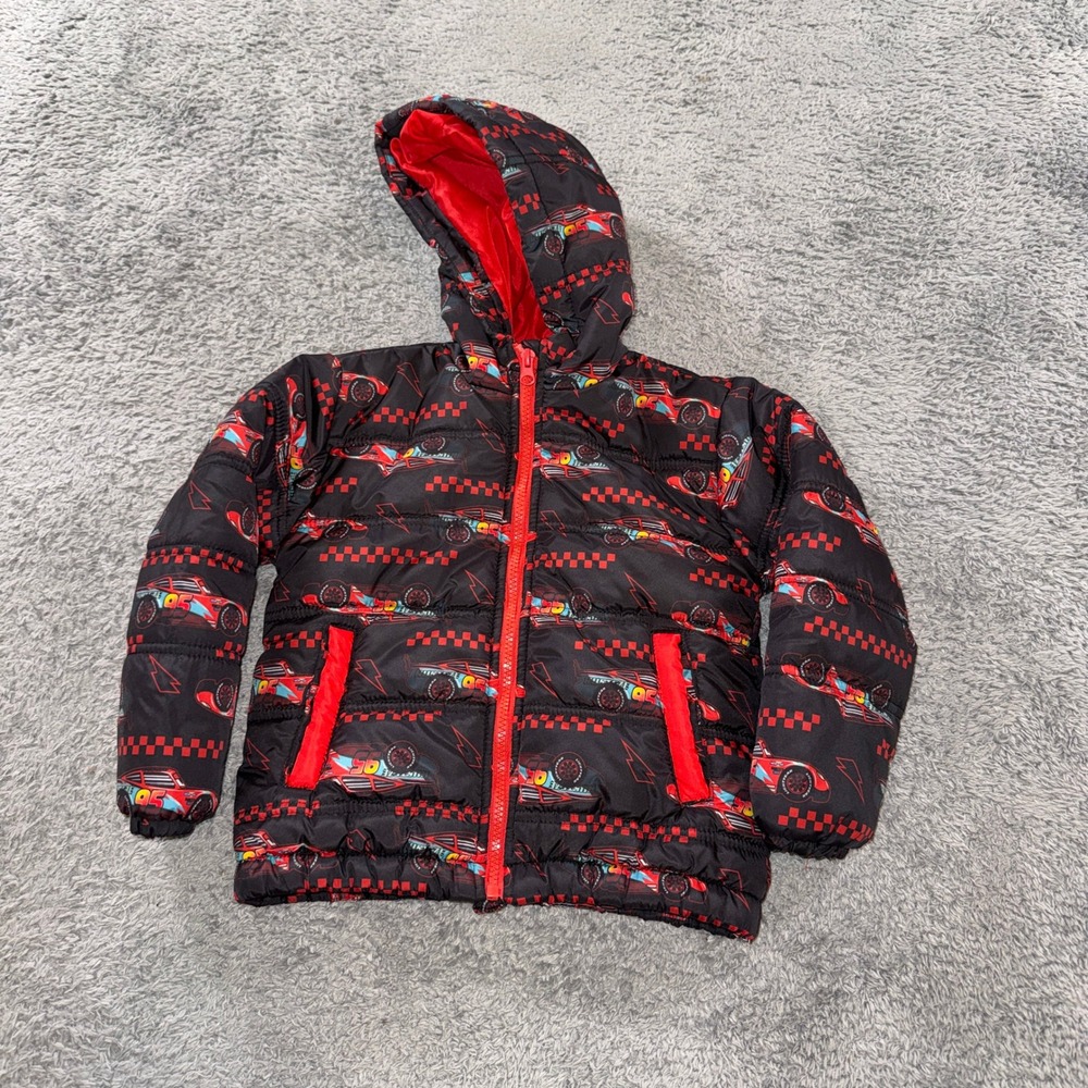 Disney Pixar Cars Lightning McQueen Boys Puffer Jacket Size 4 Black Red Hooded